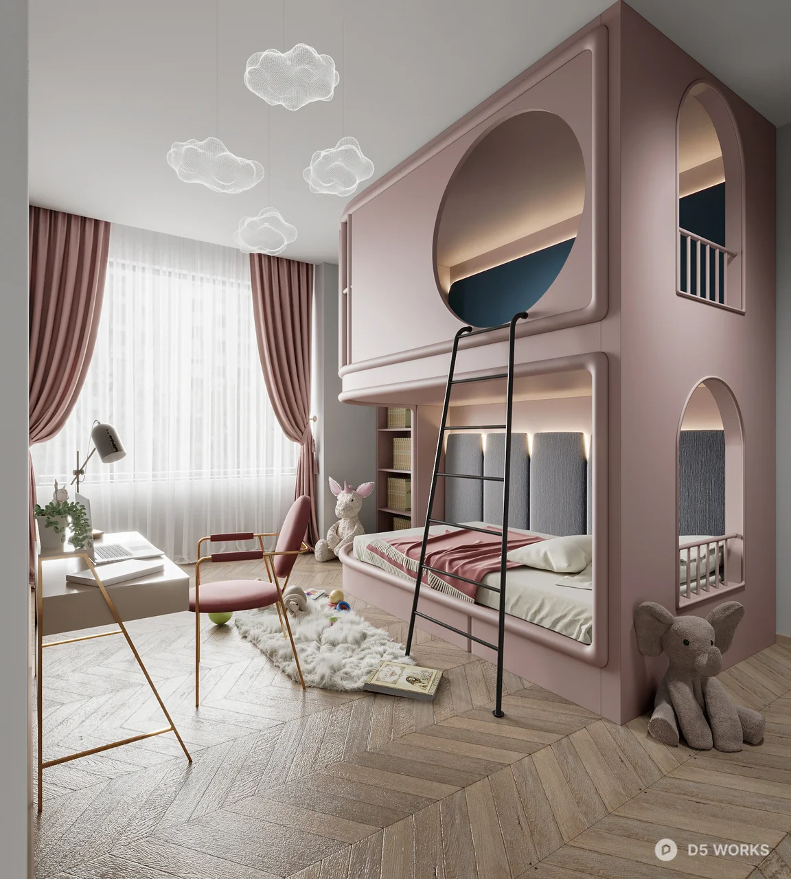Minimalist Pink Children's Room With Bunk Bed And Study Nook 3d model - Image 1
