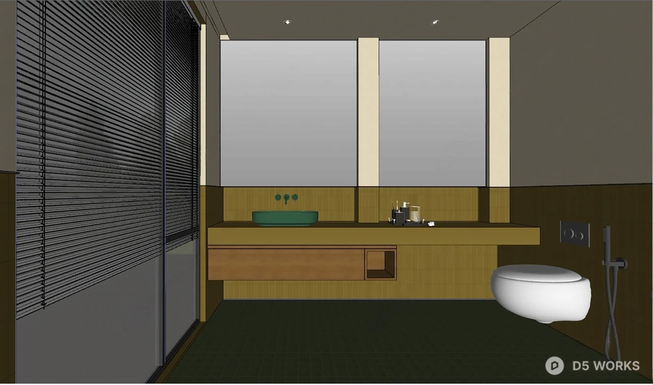Minimalist Bathroom With Wooden Vanity And Green Tiles 3d model thumbnail 2