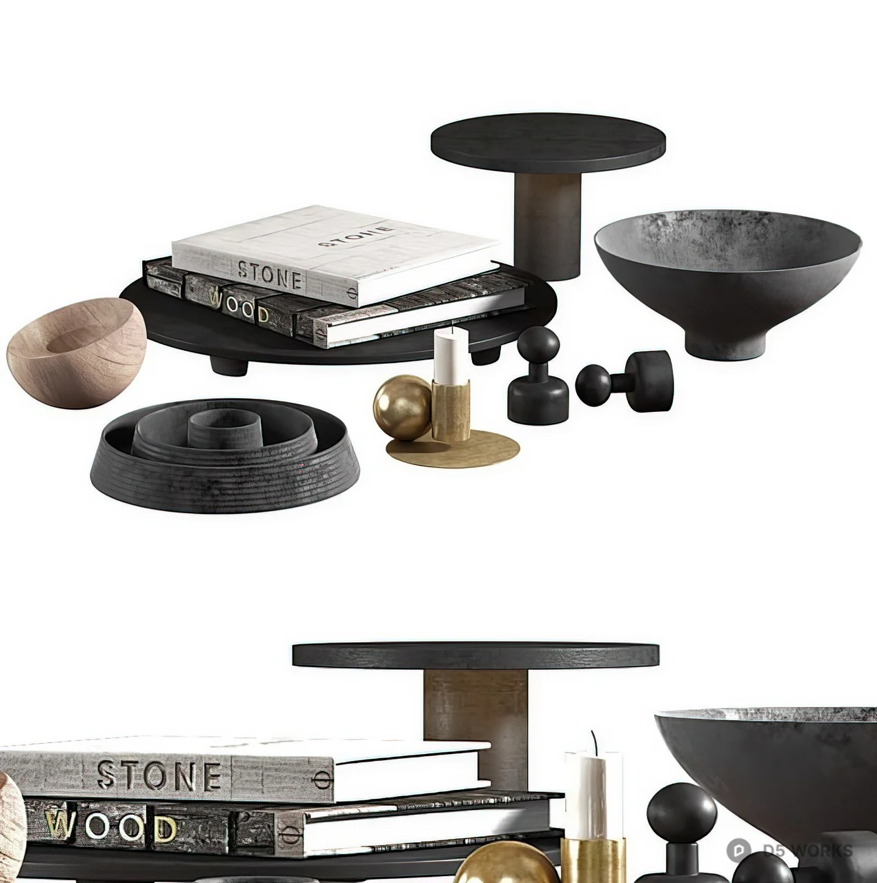 Minimalist Black And Wood Decorative Set 3d model - Image 1