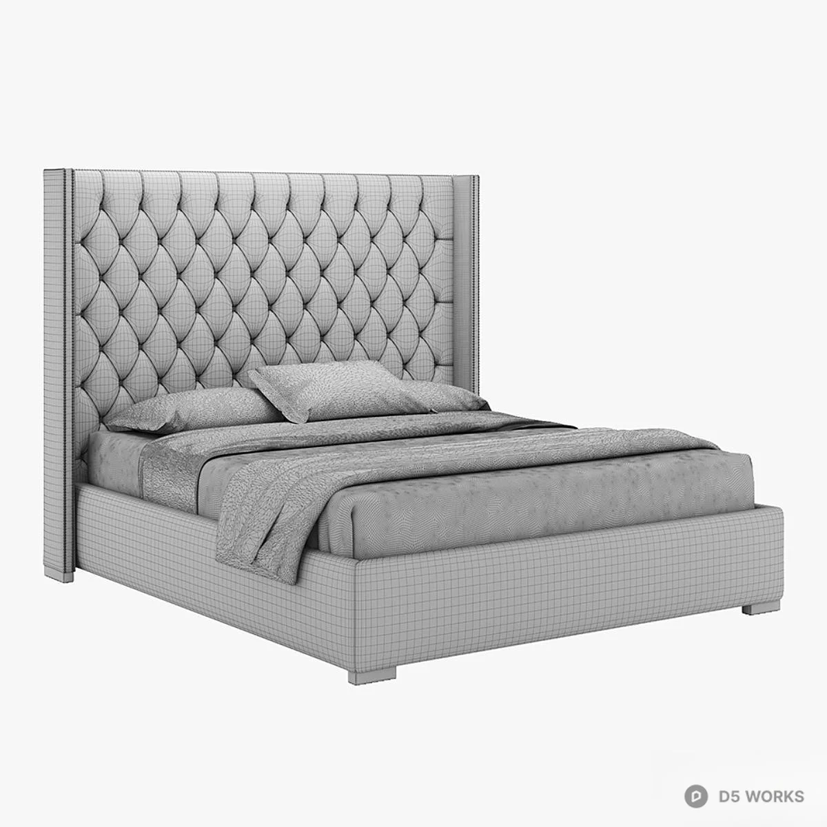 Upholstered Tufted Headboard Double Bed 3d model thumbnail 5