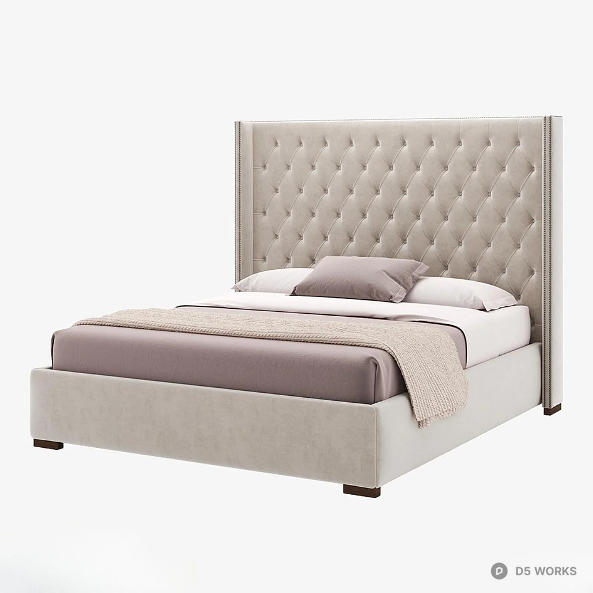 Upholstered Tufted Headboard Double Bed 3d model thumbnail 2
