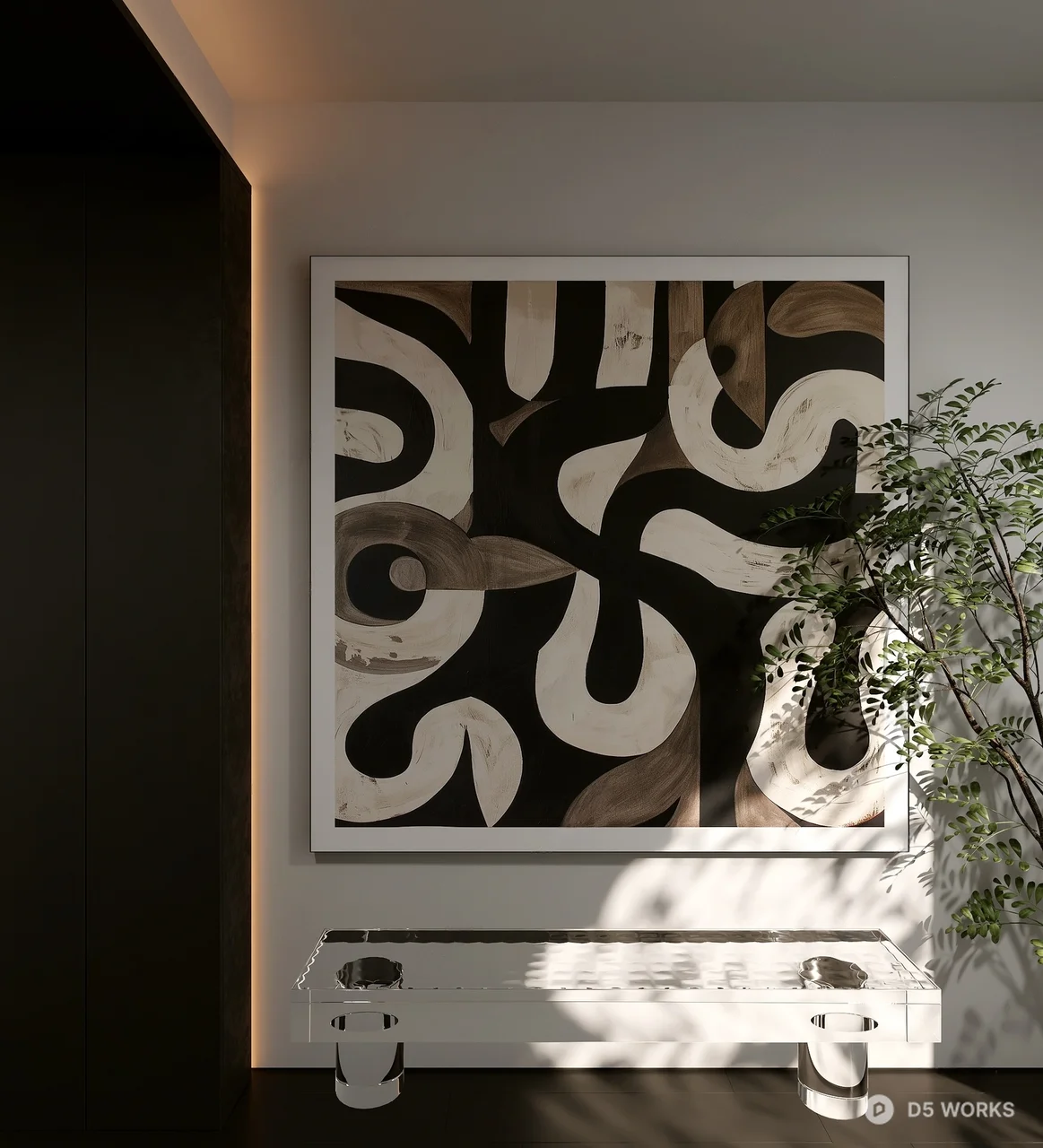 Minimalist Entryway Space With Abstract Wall Art And Greenery 3d model - Image 1