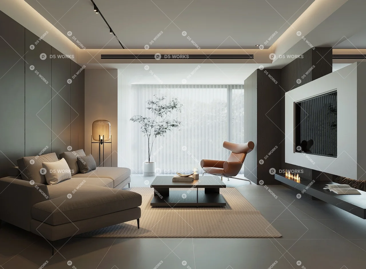 Modern Minimalist Living Room with Ambient Lighting 3d model - Image 1
