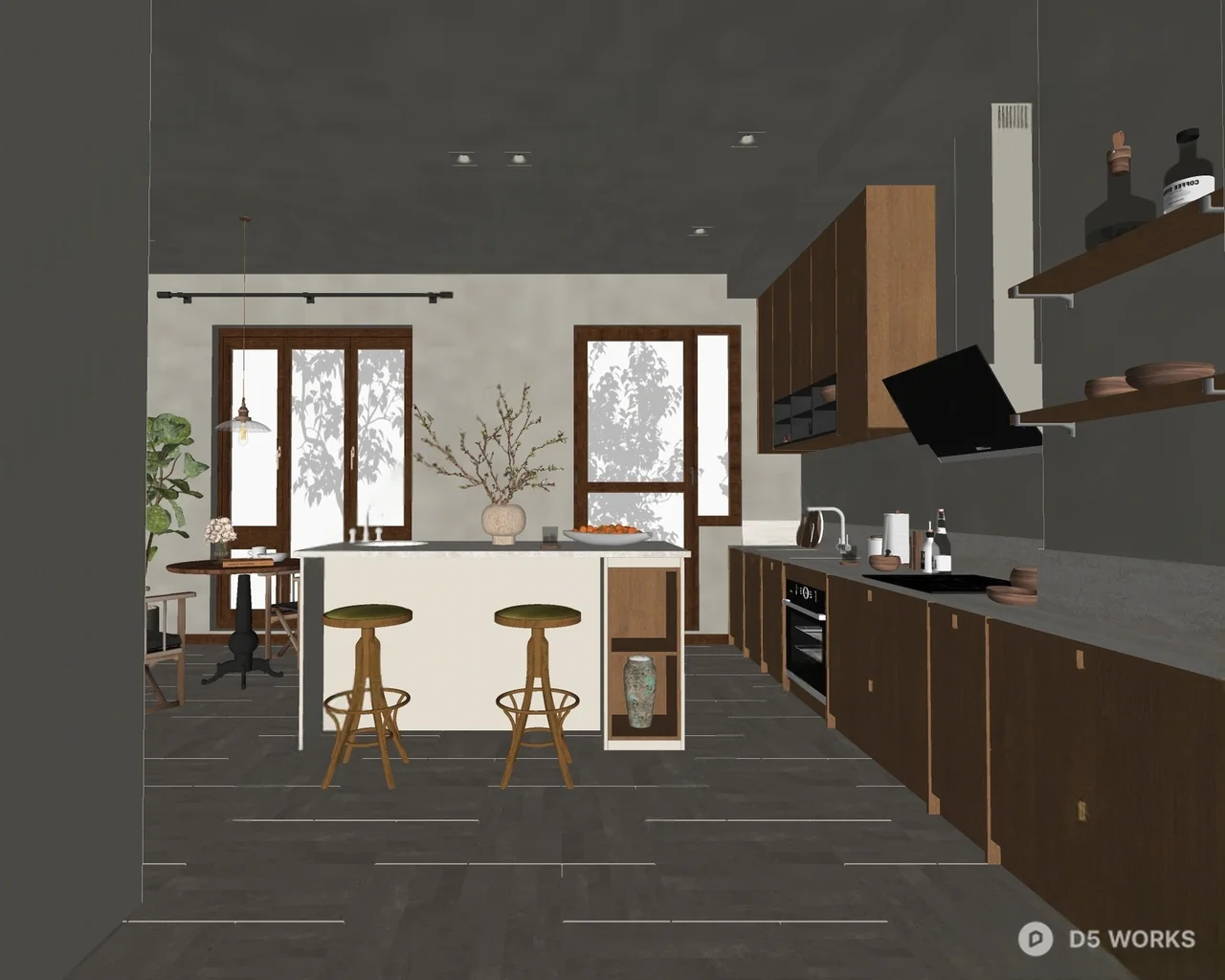 Modern Open Kitchen With Island And Bar Stools 3d model thumbnail 2