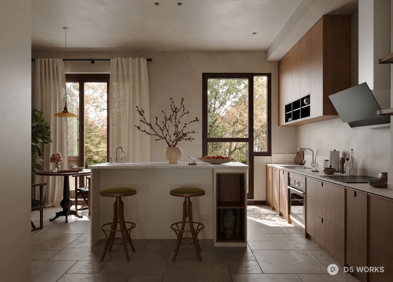 Modern Open Kitchen With Island And Bar Stools 3d model - Image 1
