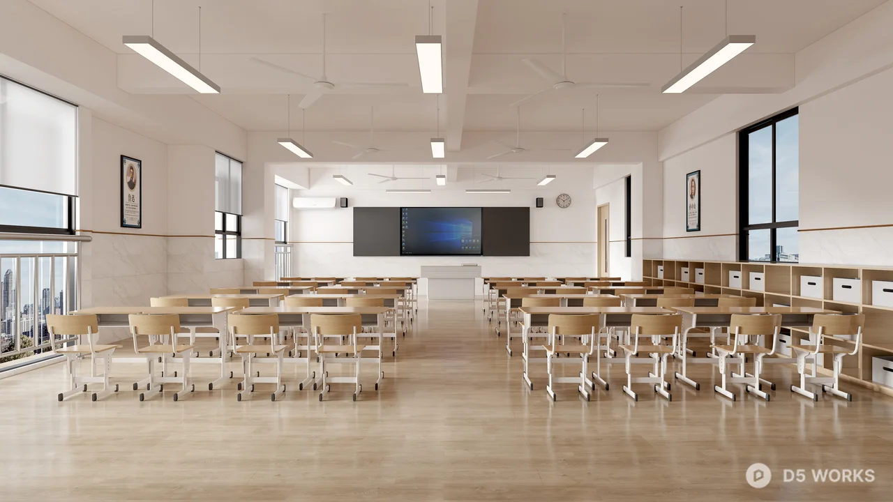 Modern Classroom With Wooden Desks And Large Windows 3d model - Image 1
