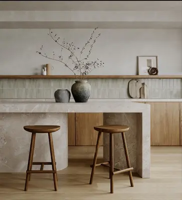 Minimalist Stone Island Table With Wooden Stools 3d model