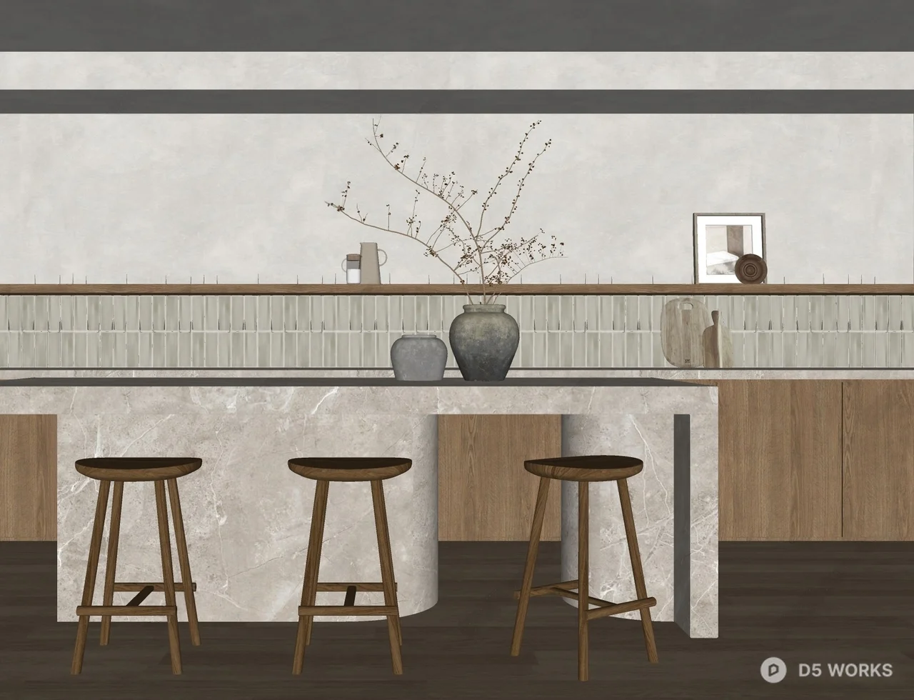 Minimalist Stone Island Table With Wooden Stools 3d model thumbnail 2