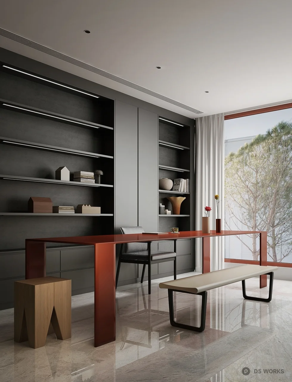Minimalist Study Room With Built-In Shelving And Wood Table 3d model - Image 1