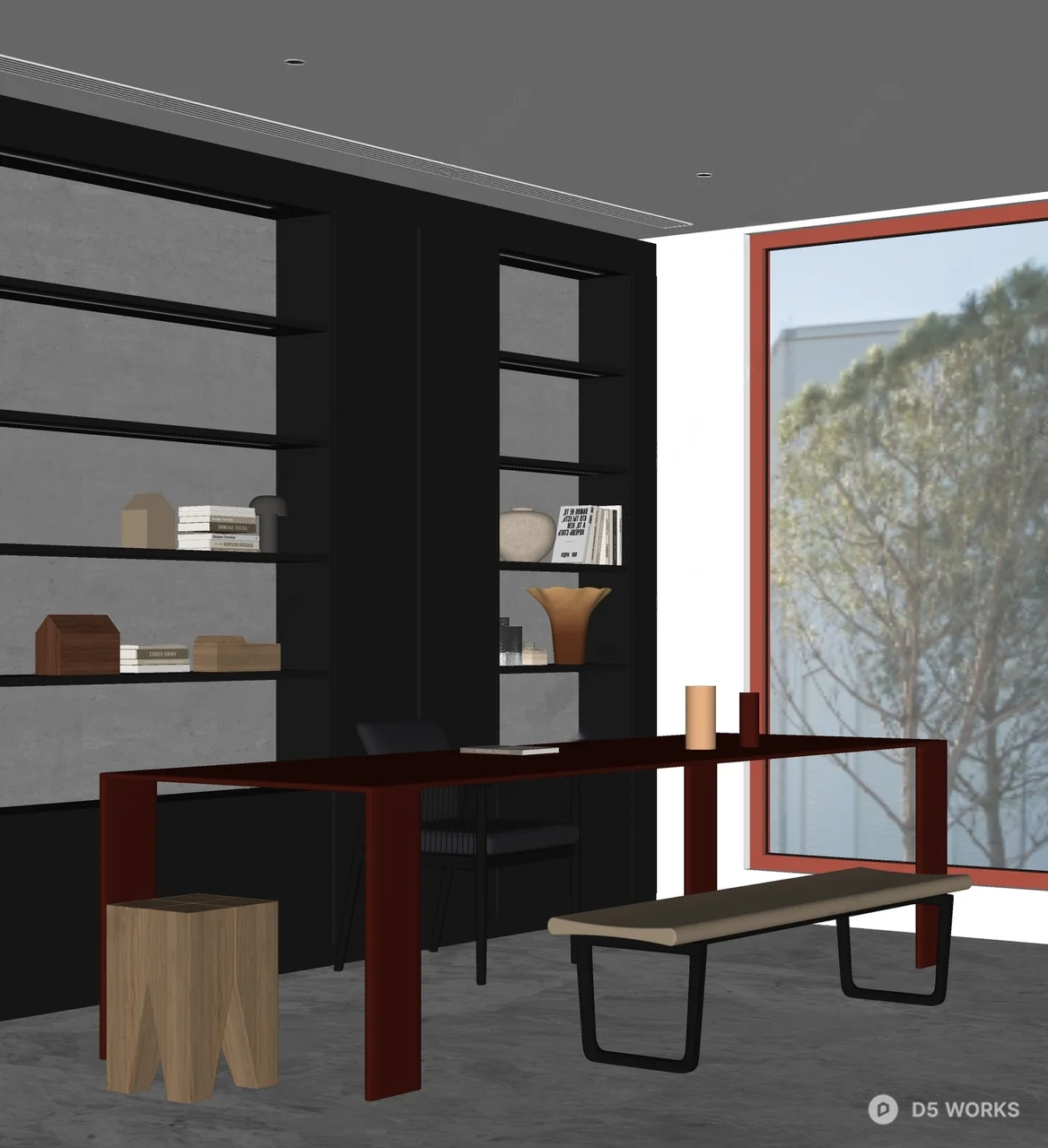 Minimalist Study Room With Built-In Shelving And Wood Table 3d model thumbnail 2