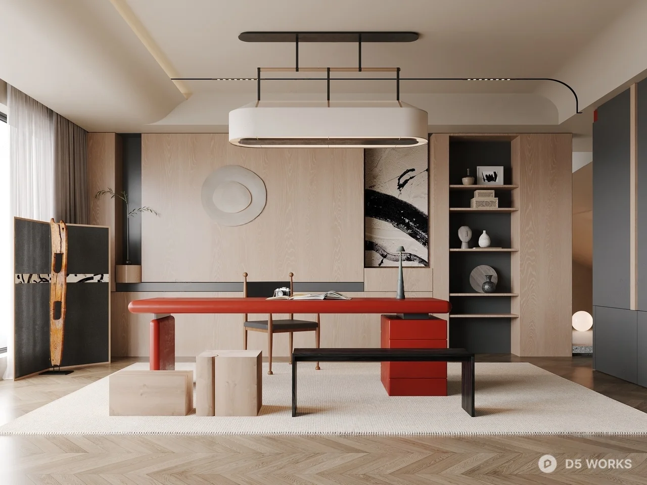 Minimalist Study Room With Red Desk And Wooden Flooring 3d model - Image 1