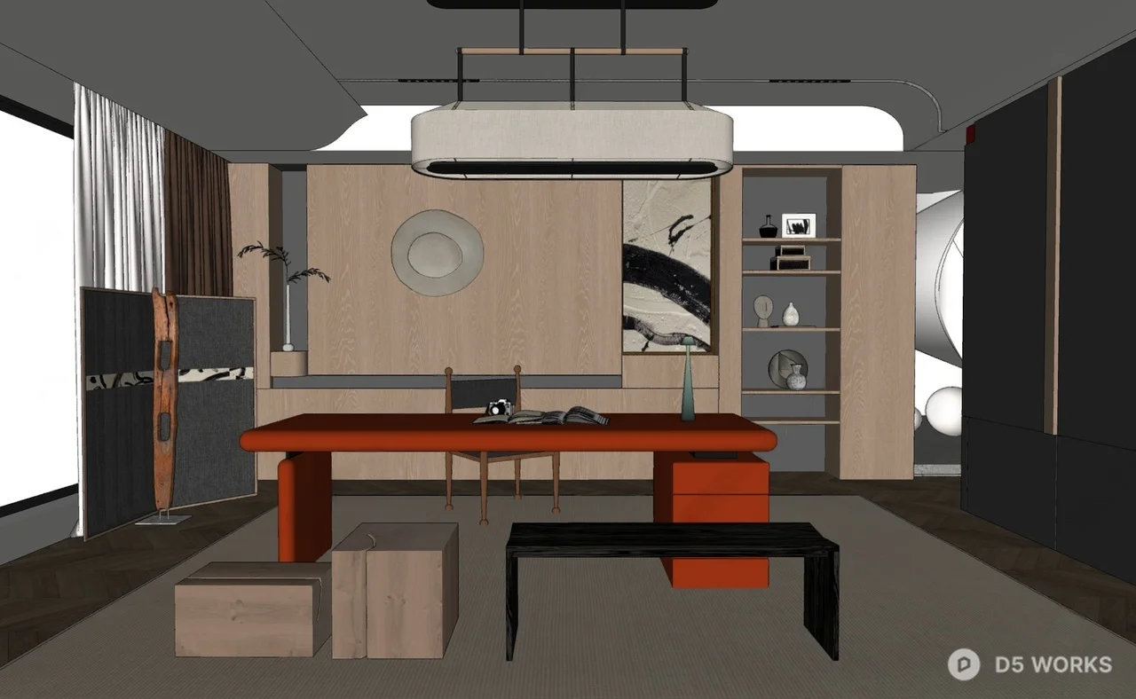 Minimalist Study Room With Red Desk And Wooden Flooring 3d model thumbnail 2