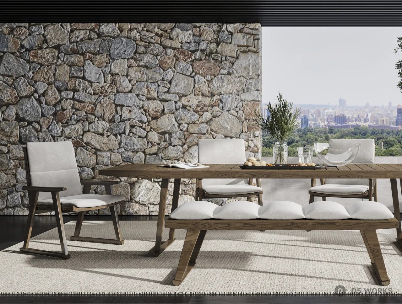 Modern Villa Balcony With Stone Wall And City View 3d model thumbnail 2