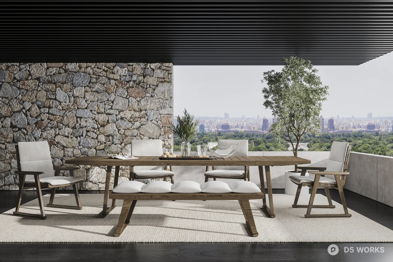 Modern Villa Balcony With Stone Wall And City View 3d model - Image 1