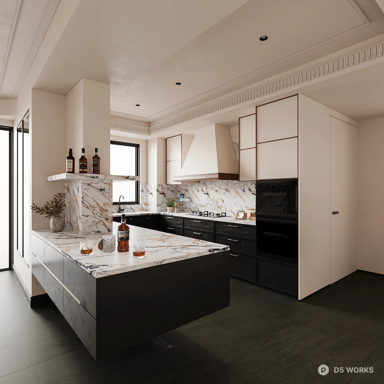 Modern Minimalist Kitchen with Marble Countertop and Dark Flooring 3d model - Image 1