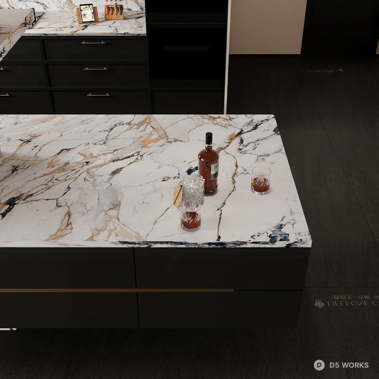 Modern Minimalist Kitchen with Marble Countertop and Dark Flooring 3d model thumbnail 4