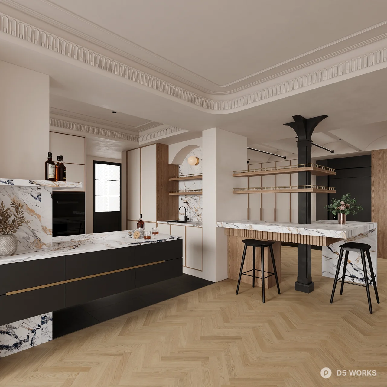 Modern Minimalist Kitchen with Marble Countertop and Dark Flooring 3d model thumbnail 2