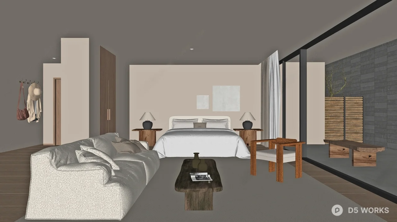 Minimalist Bedroom With Integrated Living Area And Large Sliding Glass Door 3d model thumbnail 2