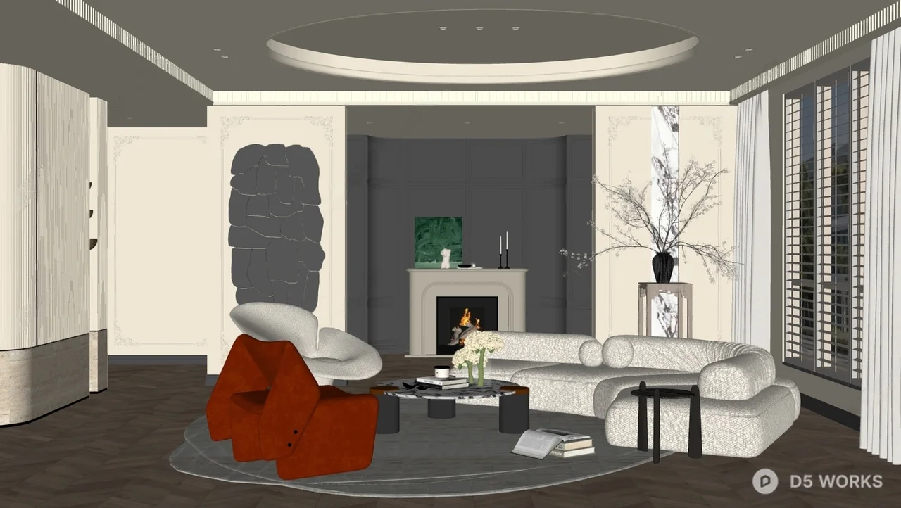Modern Living Room with Curved Sofa and Red Accent Chairs 3d model thumbnail 2