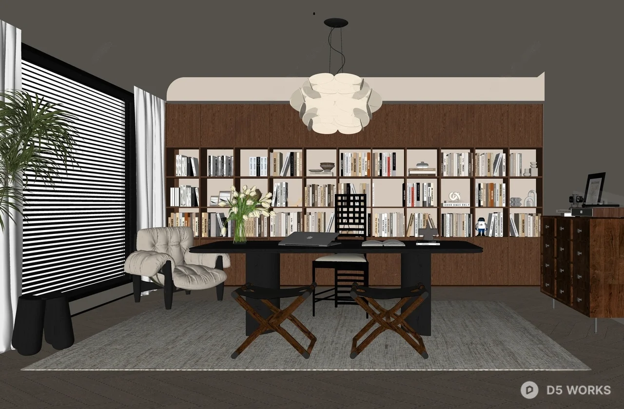 Modern Wooden Study Room With Bookshelf And Pendant Light 3d model thumbnail 2