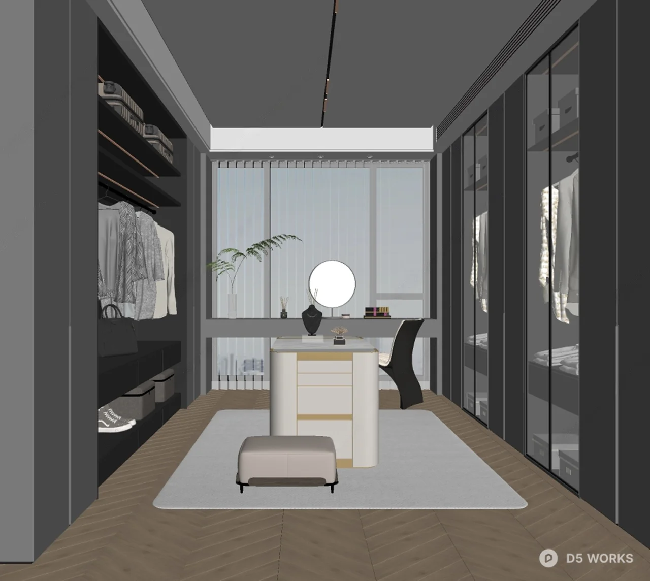 Modern Minimalist Walk-In Closet With Integrated Dressing Area 3d model thumbnail 2