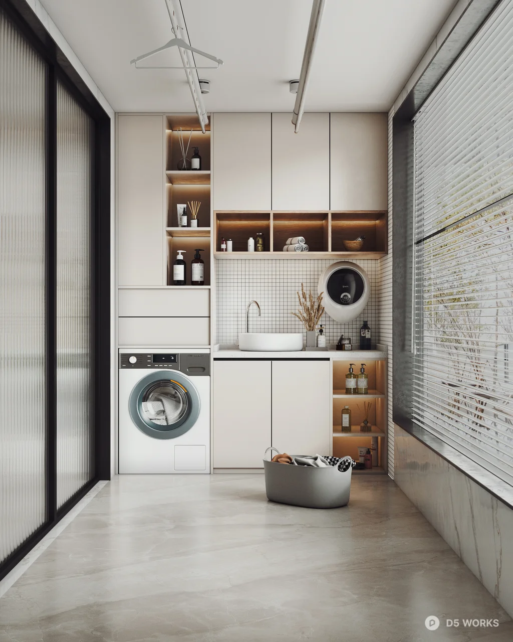 Minimalist Laundry Balcony With Integrated Storage And Sink 3d model - Image 1