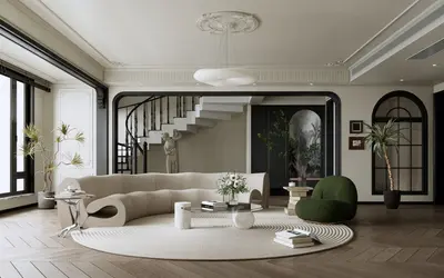 Modern Villa Living Room with Curved Sofa and Staircase View 3d model