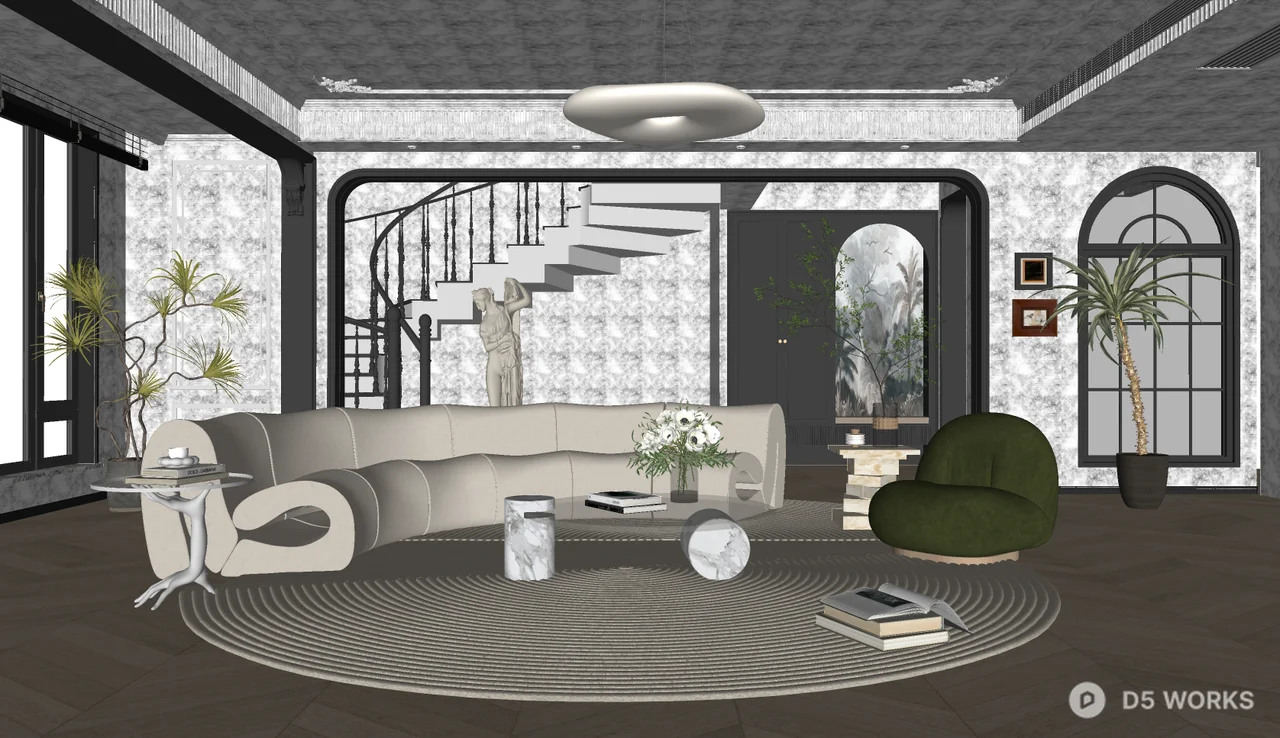 Modern Villa Living Room with Curved Sofa and Staircase View 3d model thumbnail 2