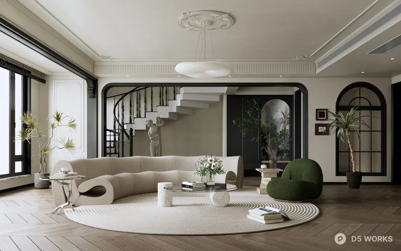 Modern Villa Living Room with Curved Sofa and Staircase View 3d model - Image 1