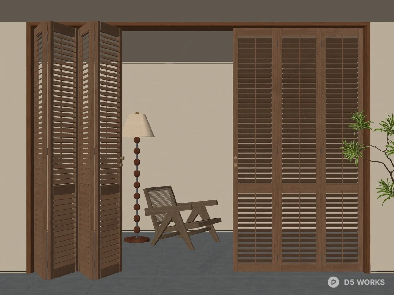 Minimalist Wooden Louvered Door Living Room 3d model thumbnail 2
