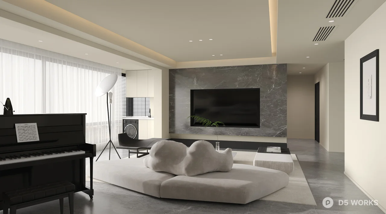 Minimalist Living Room with Floor Lamp and Low Sofa 3d model thumbnail 2