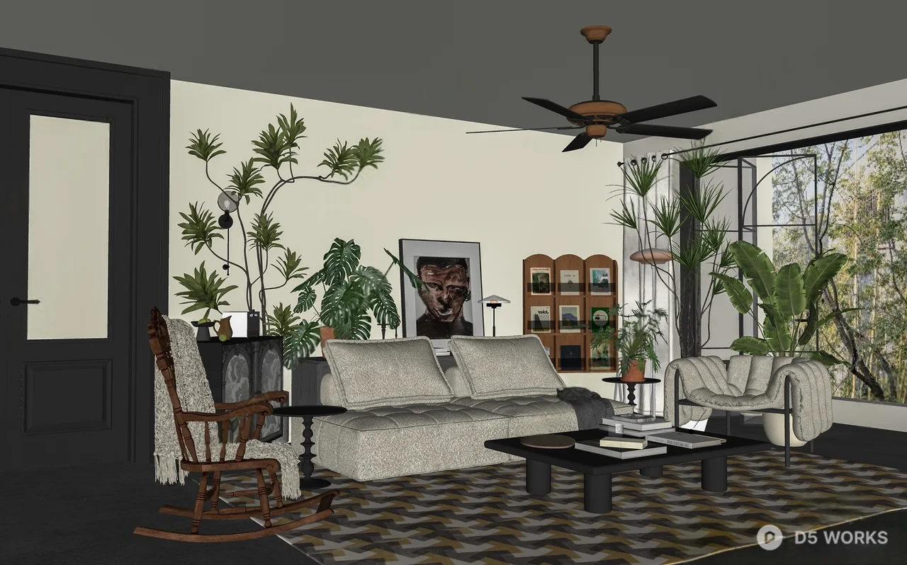 Minimalist Living Room With Woven Rug And Rocking Chair 3d model thumbnail 2