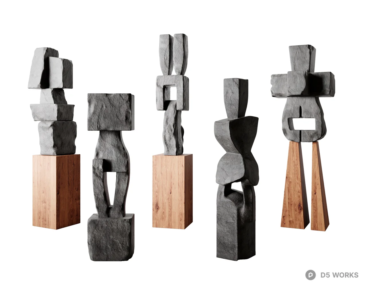 Abstract Stone Sculpture Set On Wooden Bases 3d model - Image 1