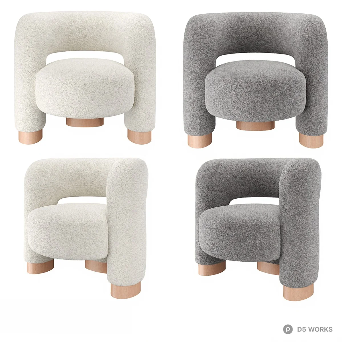Boucle Upholstered Leisure Chair With Wooden Legs 3d model thumbnail 5