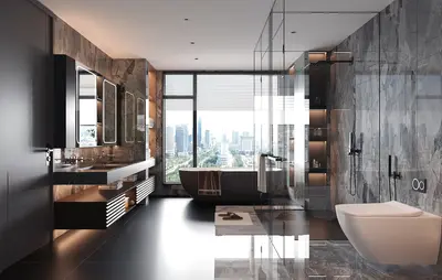 Modern Luxury Bathroom With City View 3d model