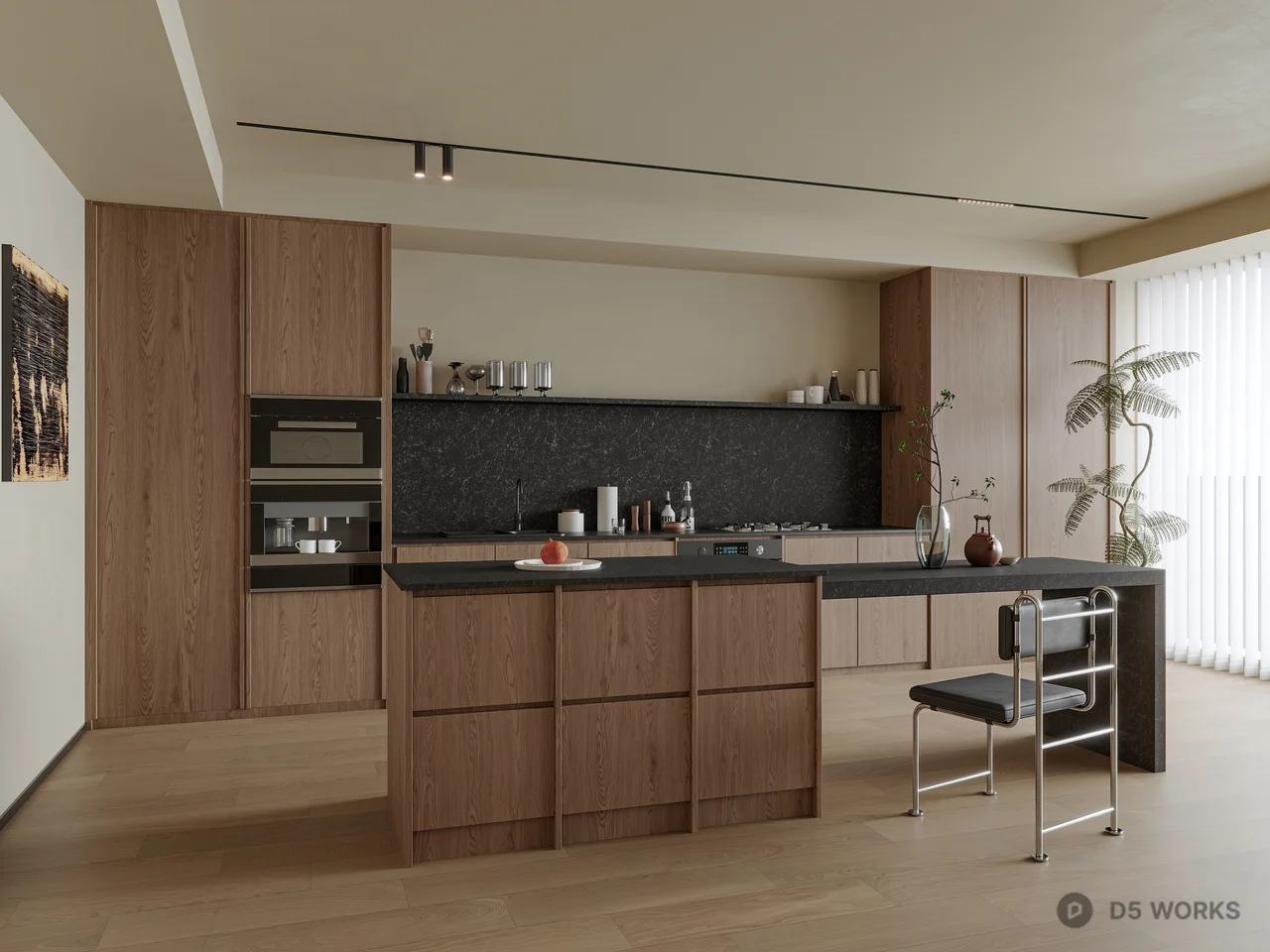 Minimalist Open Kitchen With Wood Cabinetry And Black Countertop 3d model - Image 1