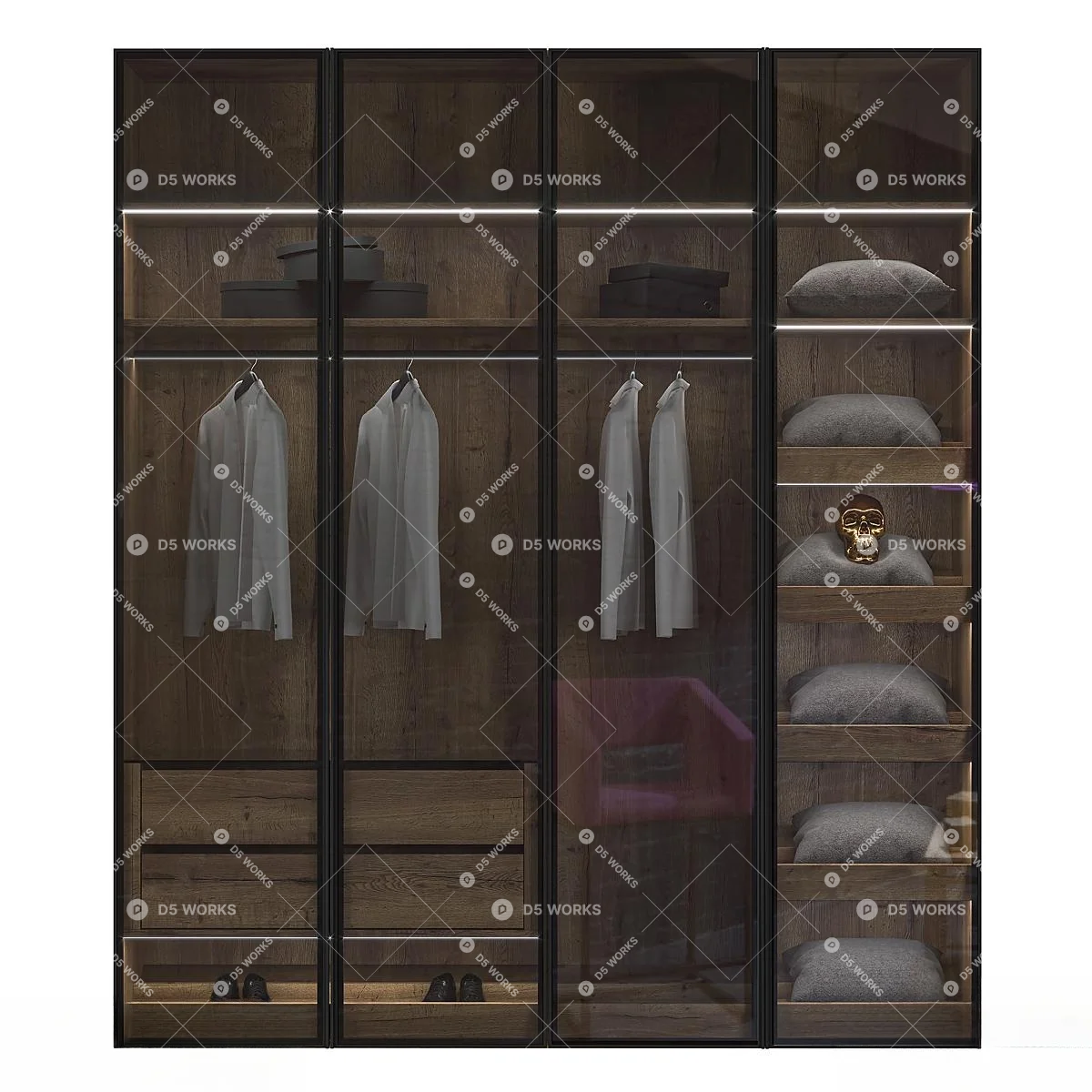 Modern Wood And Glass Wardrobe With LED Lighting 3d model thumbnail 2