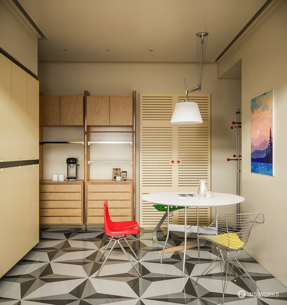 Minimalist Dining Space with Geometric Floor 3d model - Image 1