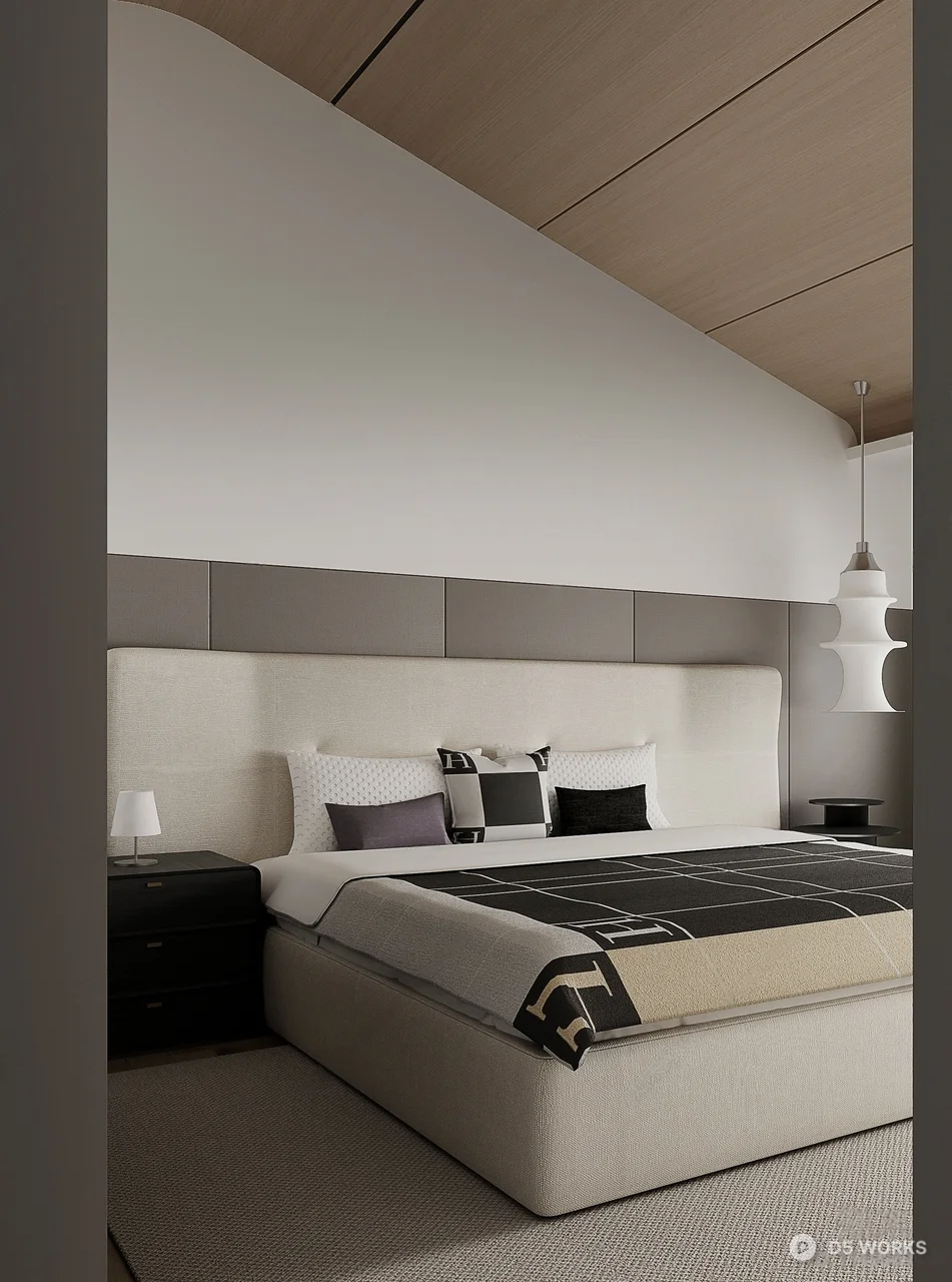 Minimalist Modern Bedroom with Geometric Headboard 3d model - Image 1