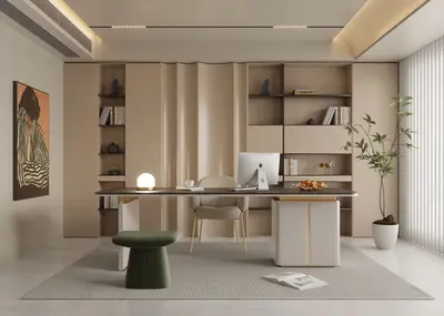 Minimalist Home Office with Light-Toned Open Shelving 3d model