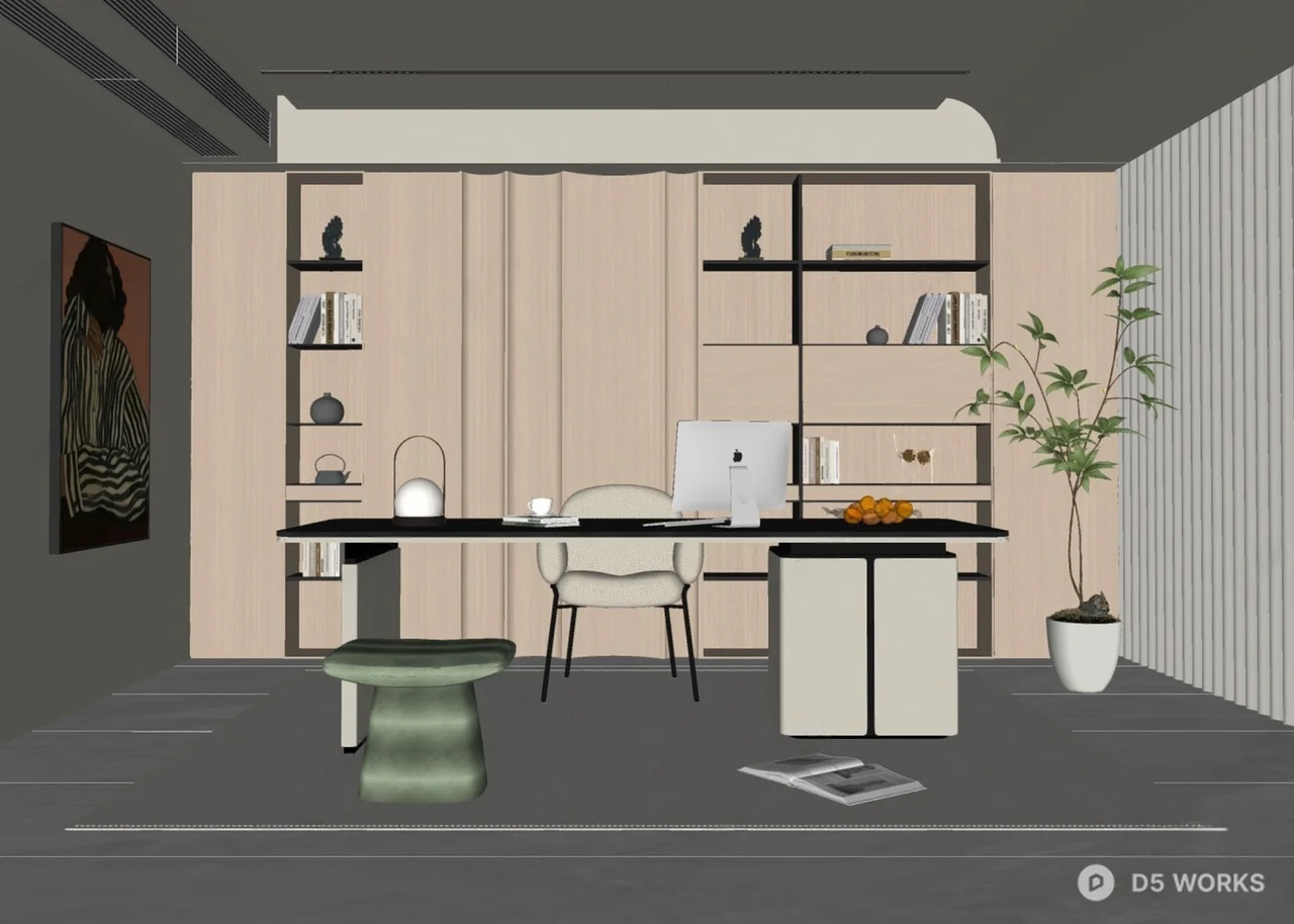 Minimalist Home Office with Light-Toned Open Shelving 3d model thumbnail 2