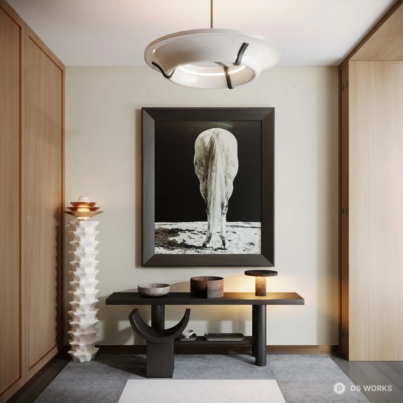 Minimalist Entryway With Decorative Cabinet And Oval Mirror 3d model - Image 1