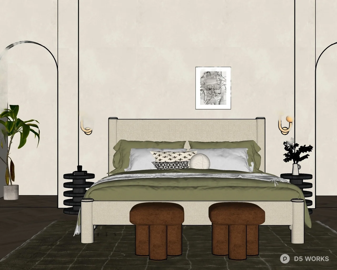 Minimalist Bedroom with Arched Doorways 3d model thumbnail 2