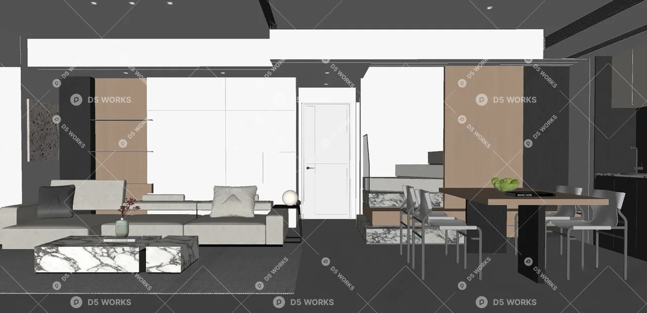 Modern Living & Dining Room 3d model thumbnail 2