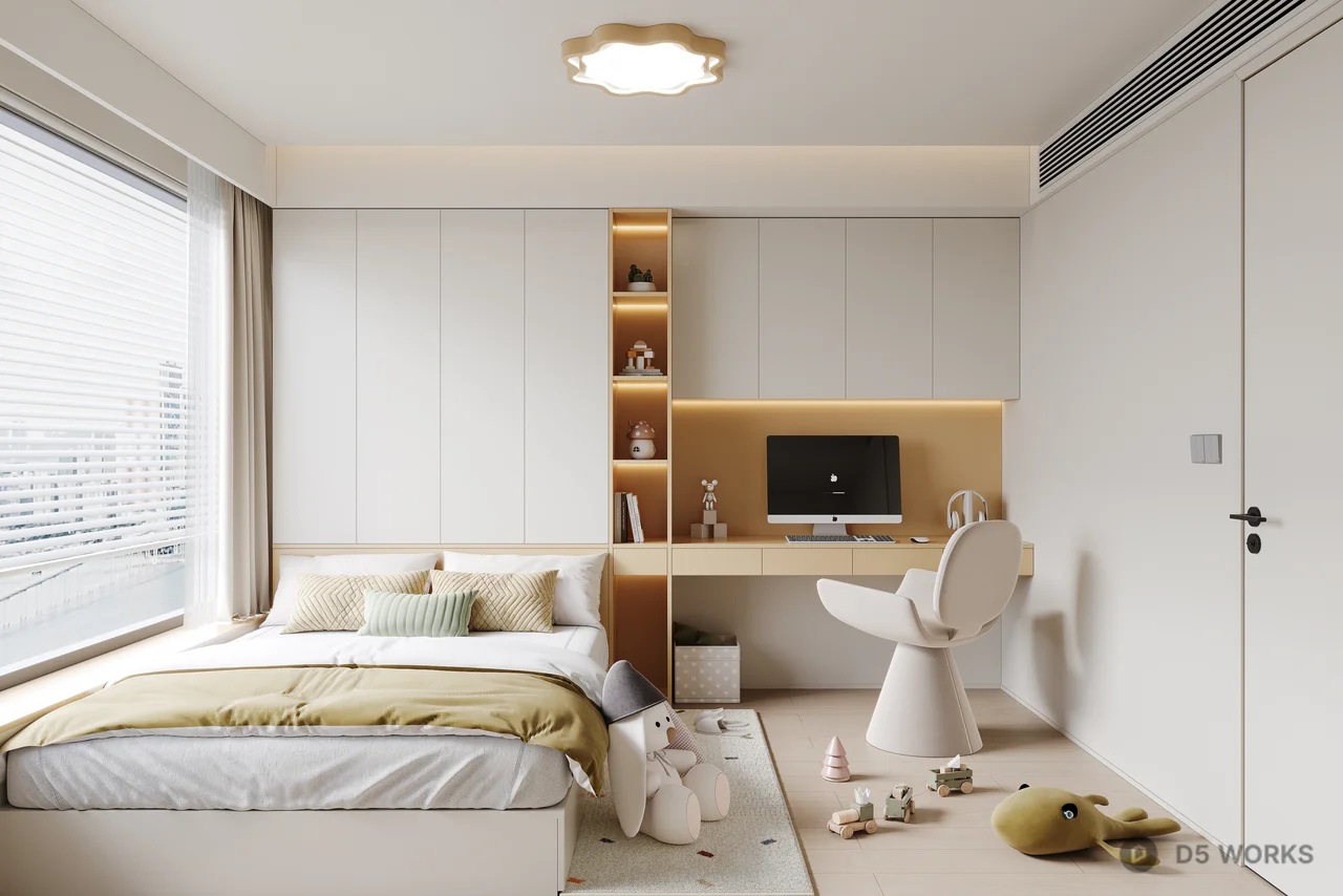 Minimalist Children Bedroom with Integrated Desk 3d model - Image 1