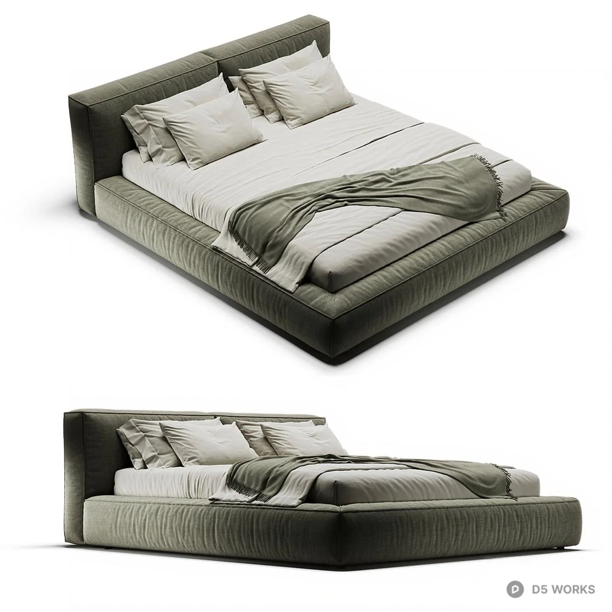 Upholstered Platform Bed With Integrated Headboard 3d model thumbnail 2