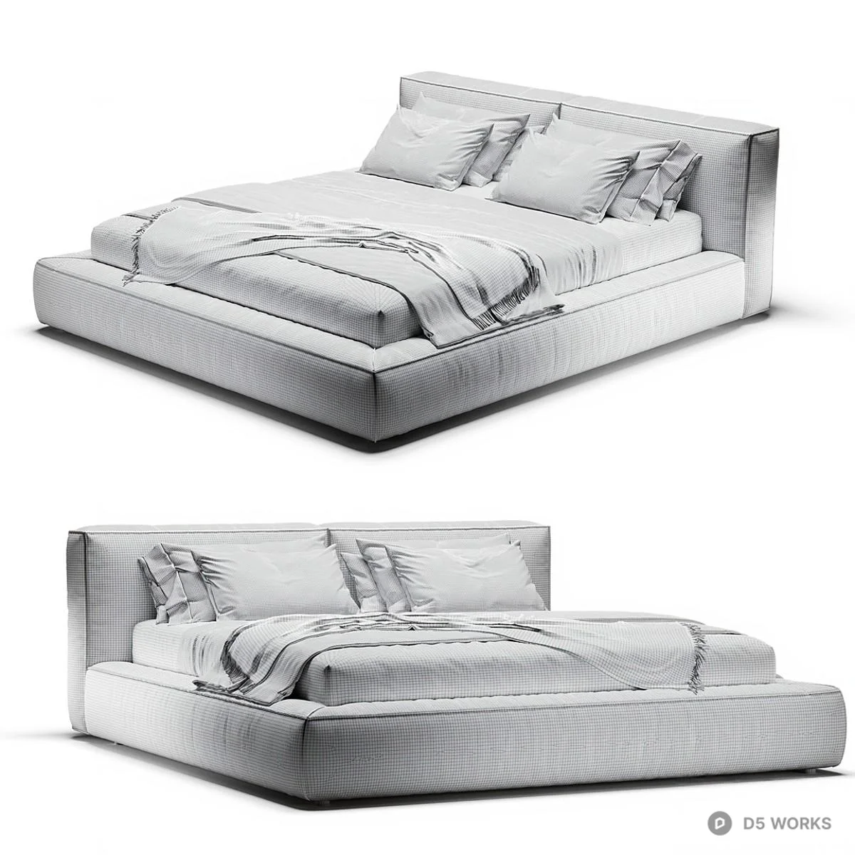 Upholstered Platform Bed With Integrated Headboard 3d model thumbnail 6