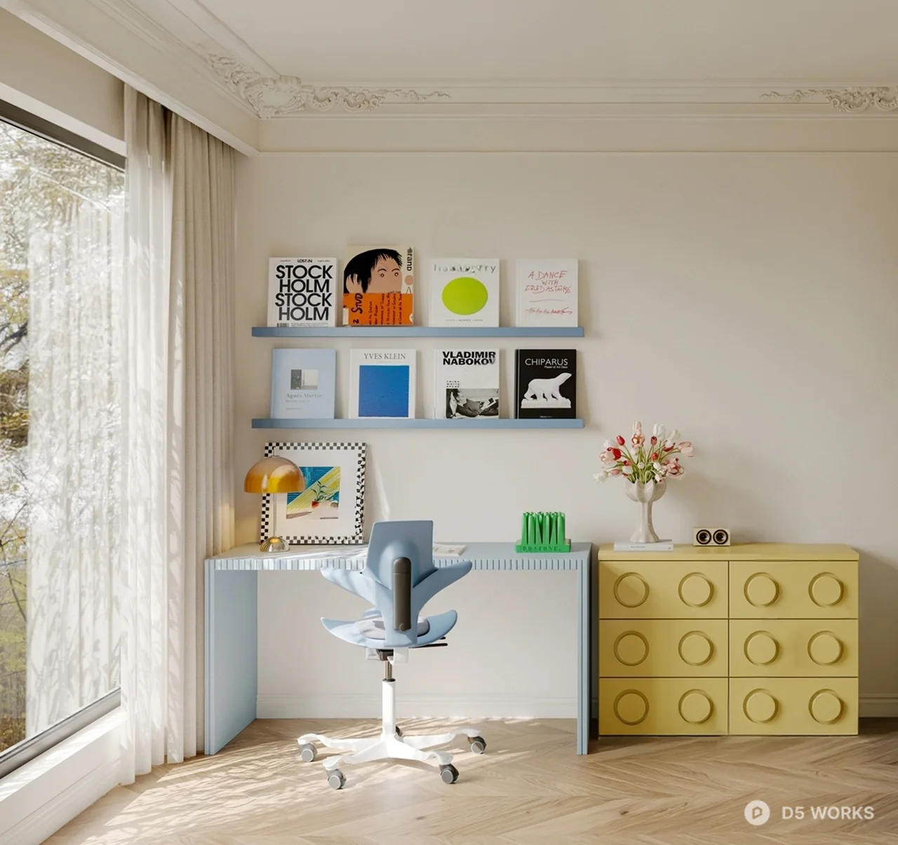 Modern Minimalist Home Office with Blue Desk and Yellow Cabinet 3d model - Image 1