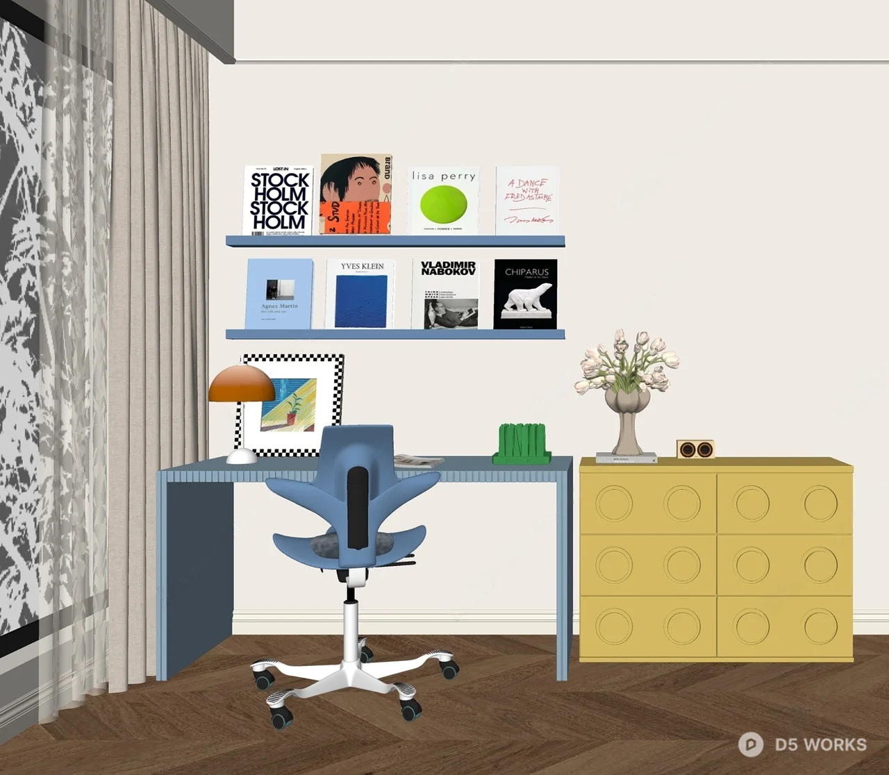 Modern Minimalist Home Office with Blue Desk and Yellow Cabinet 3d model thumbnail 2
