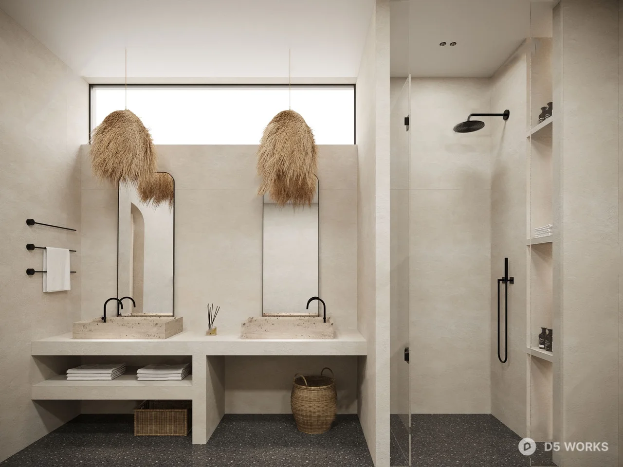 Minimalist Hotel Bathroom with Dual Vanity 3d model - Image 1